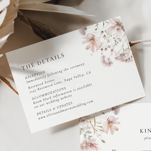 Tarjeta De Recepción Classic Blush Floral Wedding Details (Romantic blush floral wedding details card with modern classic layout and airy neutral styling)