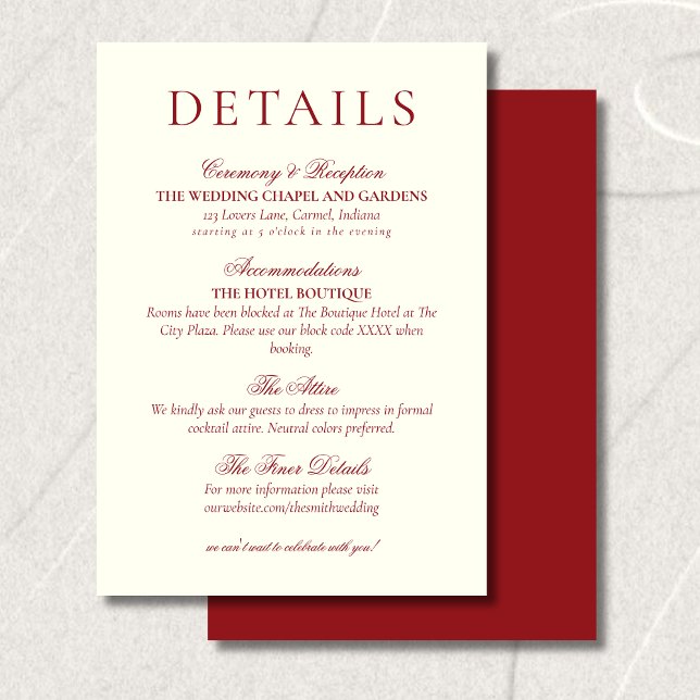 Tarjeta De Recepción Classic Burgundy Red Minimalist Wedding Details (Classic Burgundy Red Minimalist Wedding Details Enclosure Card)