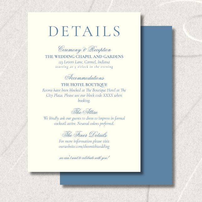 Tarjeta De Recepción Classic Dusty Blue Minimalist Wedding Details (Classic Dusty Blue Minimalist Wedding Details Enclosure Card)