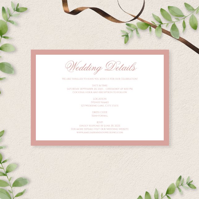 Tarjeta De Recepción Classic Dusty Rose Border Script Wedding Details (Subido por el creador)