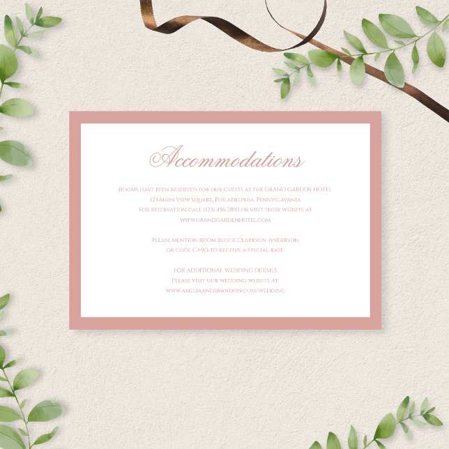 Tarjeta De Recepción Classic Dusty Rose Script Wedding Accommodations (Subido por el creador)