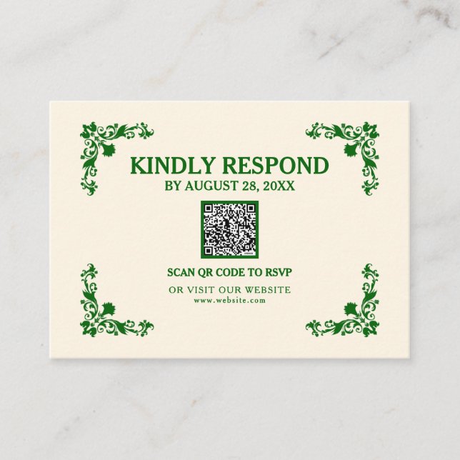 Tarjeta De Recepción Classic Elegance Ivory & Emerald Islamic QR RSVP (Anverso)