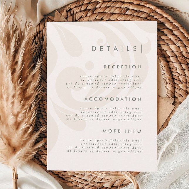 Tarjeta De Recepción Classic Elegant Cream Sage Damask Wedding Details (Subido por el creador)