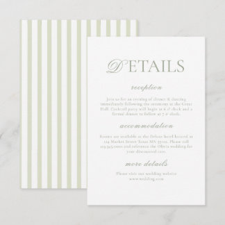 Tarjeta De Recepción Classic Elegant⎮Sage Green Striped Wedding Details
