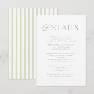 Tarjeta De Recepción Classic Elegant⎮Sage Green Striped Wedding Details