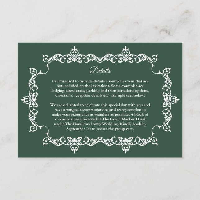 Tarjeta De Recepción Classic Forest Green Ornately Framed Wedding (Anverso)