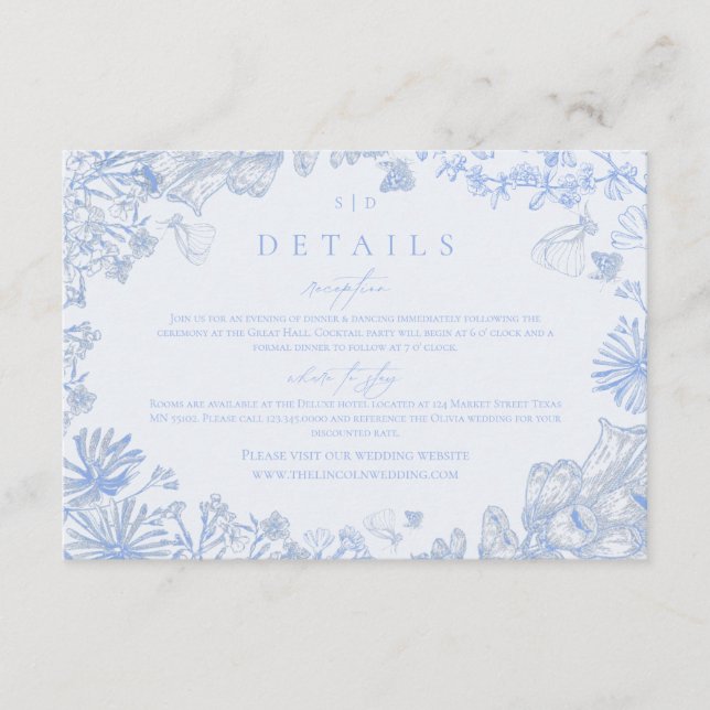 Tarjeta De Recepción Classic French Blue White Floral Wedding Enclosure (Anverso)