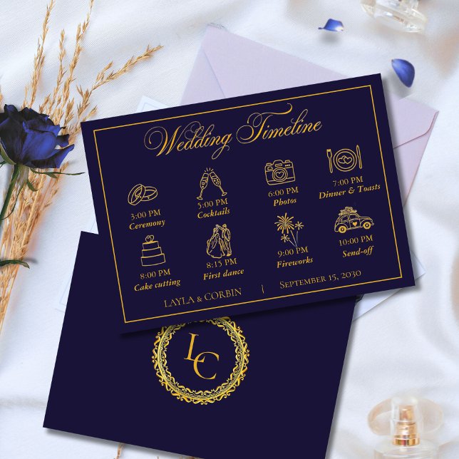 Tarjeta De Recepción Classic Gold Frame Royal Monogram Wedding Timeline (Subido por el creador)
