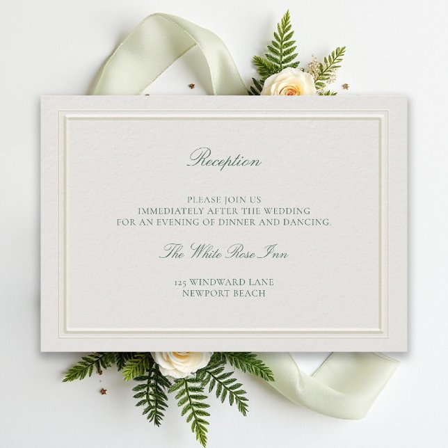 Tarjeta De Recepción Classic Green Elevated Ecru Wedding Reception (modern classic wedding reception details forest green type double frame ivory formal traditional)