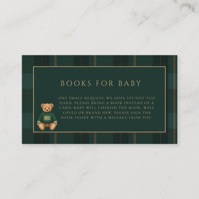 Tarjeta De Recepción Classic Green Plaid Teddy Bear Theme Baby Shower  (Anverso)