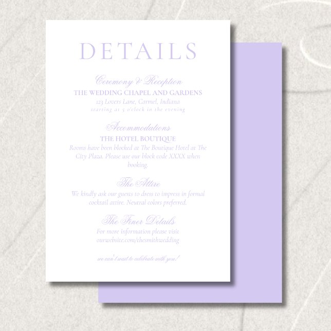 Tarjeta De Recepción Classic Lavender Minimalist Wedding Details (Classic Lavender Minimalist Wedding Details Enclosure Card)