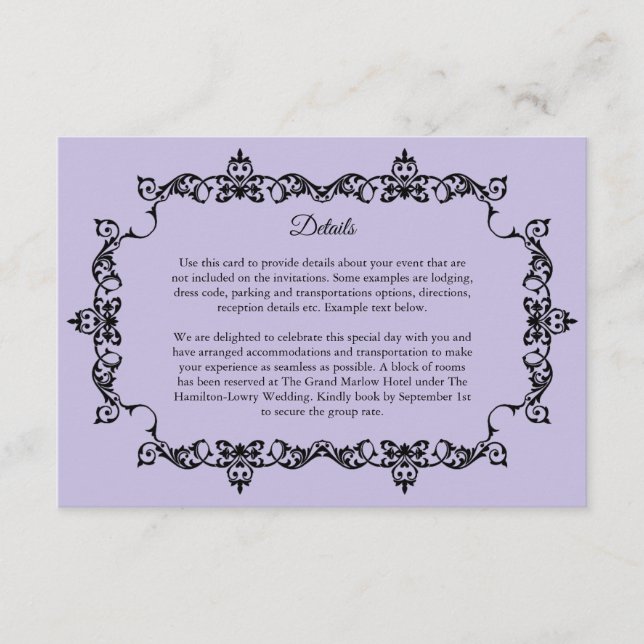 Tarjeta De Recepción Classic Lavender Purple Ornately Framed Wedding (Anverso)