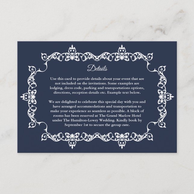 Tarjeta De Recepción Classic Midnight Navy Blue Ornately Framed Wedding (Anverso)
