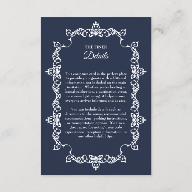 Tarjeta De Recepción Classic Midnight Navy Blue Ornately Framed Wedding (Anverso)
