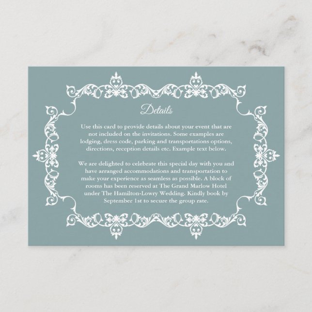 Tarjeta De Recepción Classic Misty Sage Blue Ornately Framed Wedding (Anverso)