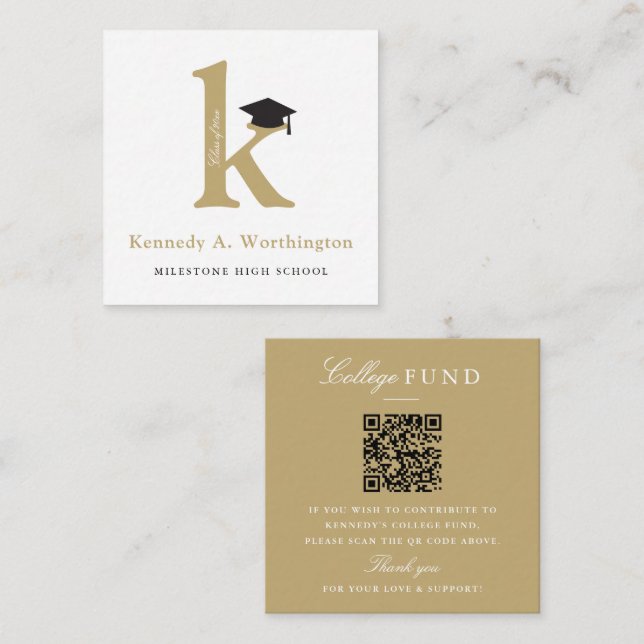 Tarjeta De Recepción Classic Monogram Gold 'K' Graduation College Fund (Anverso / Reverso)