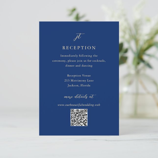 Tarjeta De Recepción Classic Navy and Cream Elegant QR Code Wedding (Anverso de pie)