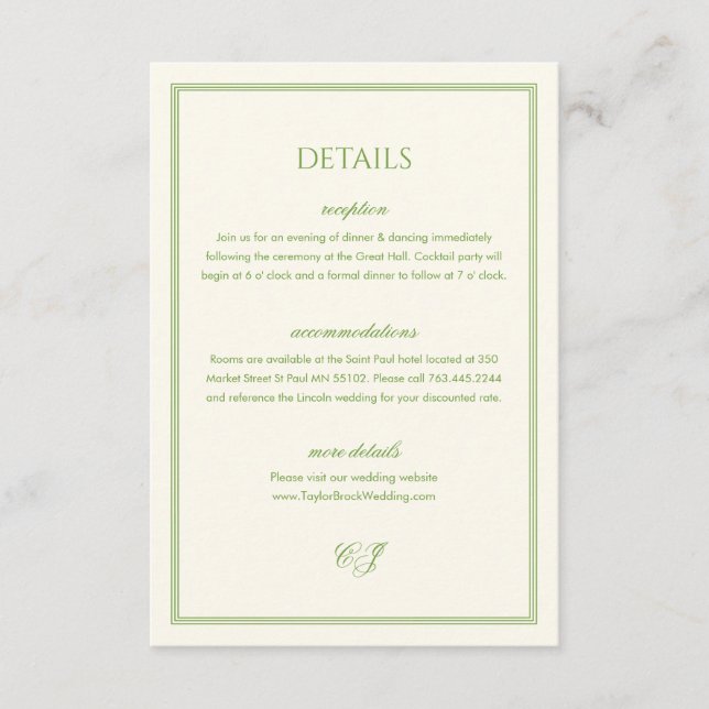 Tarjeta De Recepción Classic Old Money White and Green Wedding Details (Anverso)