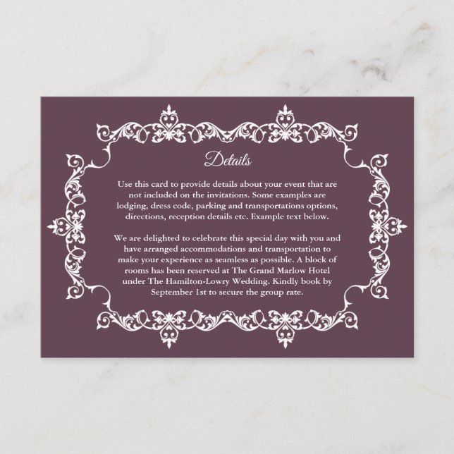 Tarjeta De Recepción Classic Plum Purple Ornately Framed Wedding (Anverso)