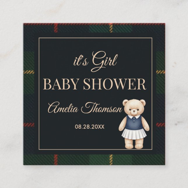 Tarjeta De Recepción Classic Polo Teddy Bear Preppy Plaid Baby Shower  (Anverso)