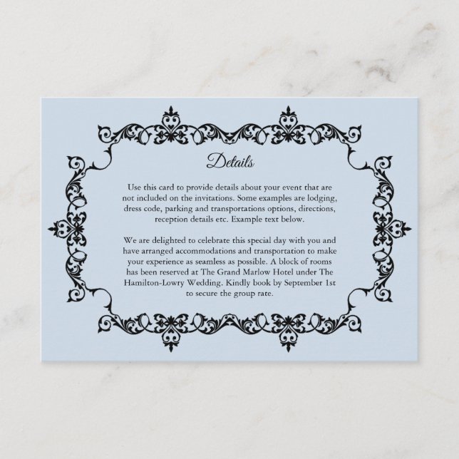 Tarjeta De Recepción Classic Powder Blue Ornately Framed Wedding (Anverso)