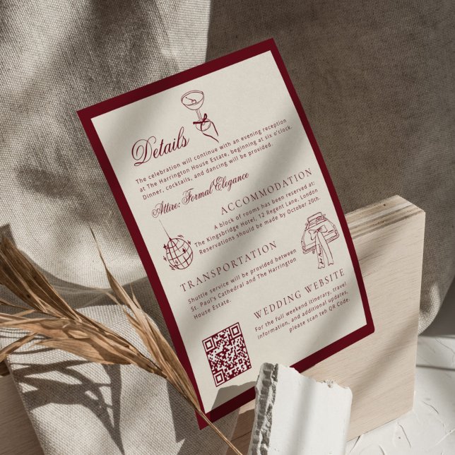Tarjeta De Recepción Classic QR Code Wedding Details Deep Red Old Money (Subido por el creador)