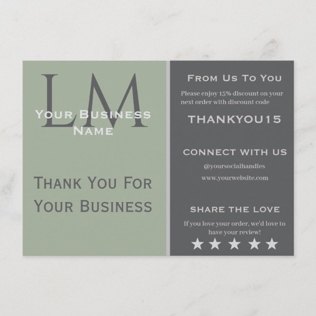 Tarjeta De Recepción Classic Sage Green Business Branding Thank You (Anverso)