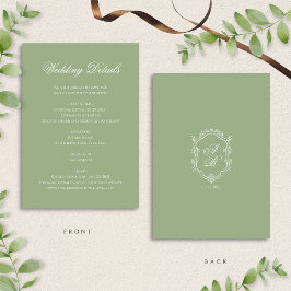 Tarjeta De Recepción Classic Sage Green Monogram Crest Wedding Details