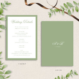 Tarjeta De Recepción Classic Sage Green Monogram Script Wedding Details