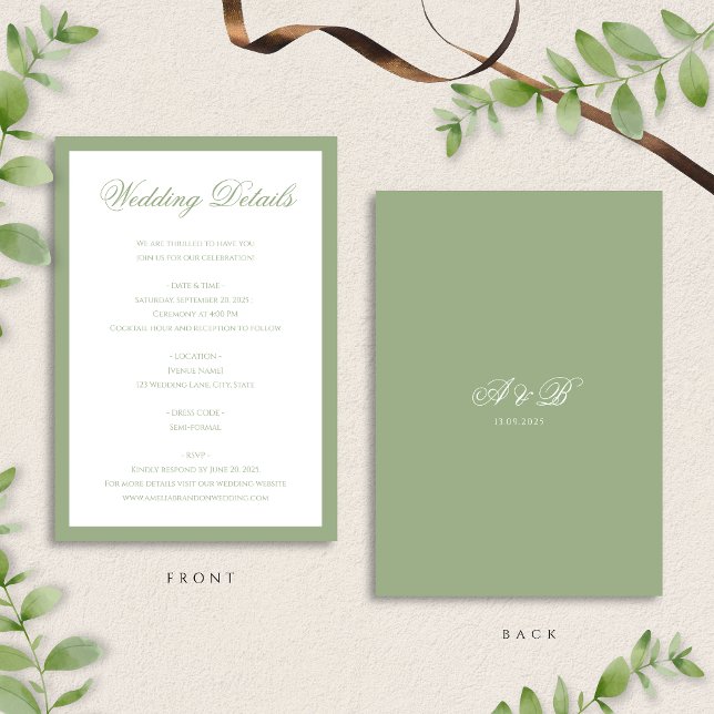 Tarjeta De Recepción Classic Sage Green Monogram Script Wedding Details (Subido por el creador)