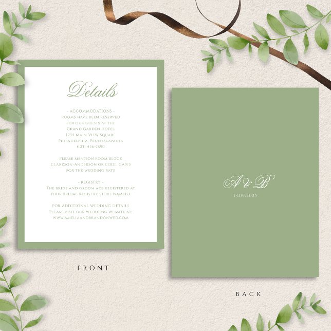 Tarjeta De Recepción Classic Sage Green Monogram Script Wedding Details (Subido por el creador)