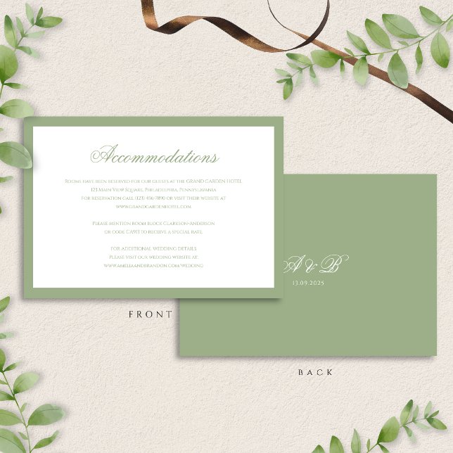 Tarjeta De Recepción Classic Sage Green Monogram Wedding Accommodation (Subido por el creador)