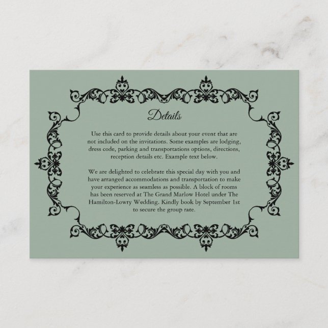 Tarjeta De Recepción Classic Sage Green Ornately Framed Wedding (Anverso)