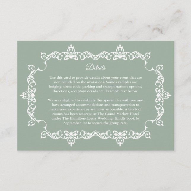Tarjeta De Recepción Classic Sage Green Ornately Framed Wedding (Anverso)