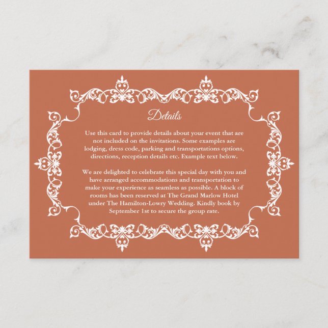 Tarjeta De Recepción Classic Terracotta Clay Ornately Framed Wedding (Anverso)