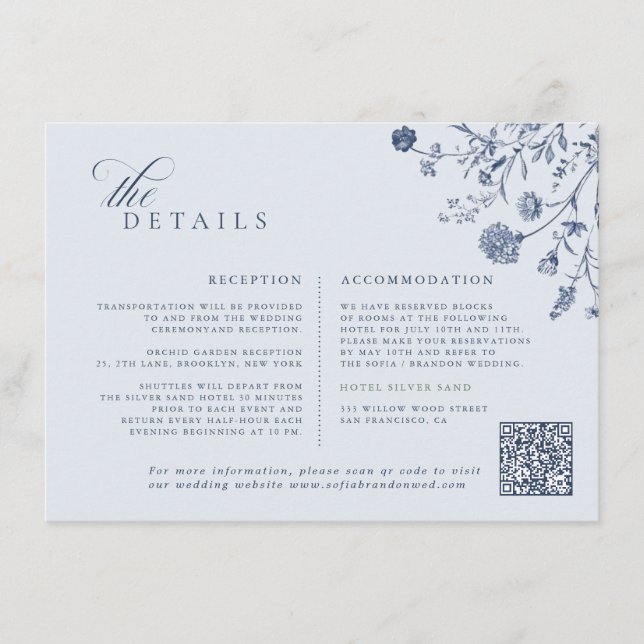 Tarjeta De Recepción Classic Victorian Blue French QR Code Wedding (Anverso)