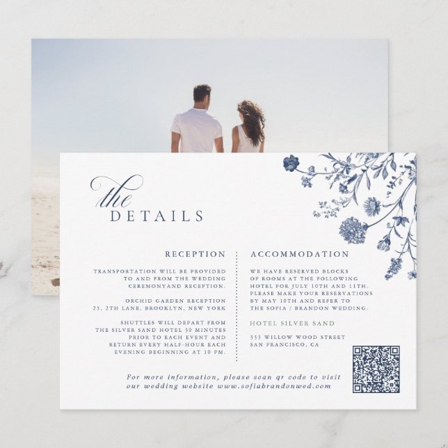 Tarjeta De Recepción Classic Victorian Blue French QR Code Wedding (Anverso / Reverso)