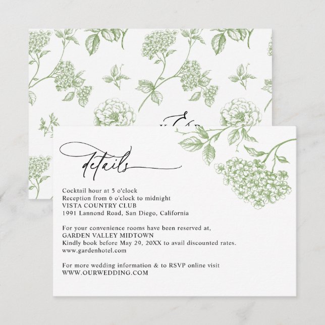 Tarjeta De Recepción Classic Victorian Green Floral Wedding Details  (Anverso / Reverso)