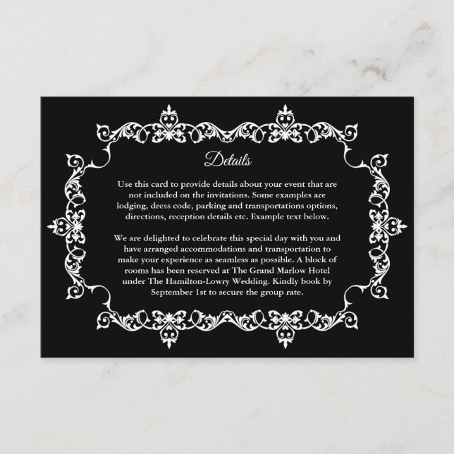 Tarjeta De Recepción Classic White on Black Ornately Framed Wedding (Anverso)