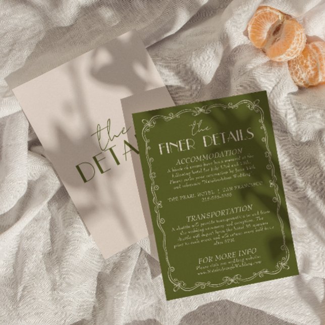 Tarjeta De Recepción Classy Olive Green Ivory Old Money Wedding Details (Subido por el creador)