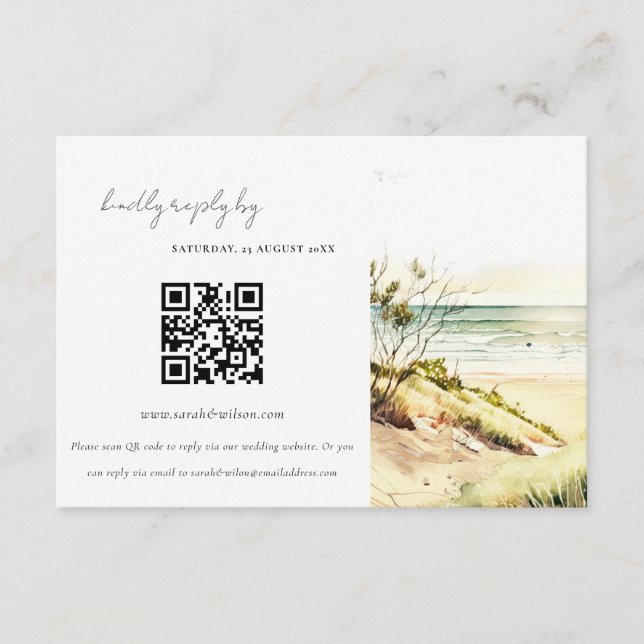 Tarjeta De Recepción Coastal Beach Sun Seascape Boda QR Código RSVP (Anverso)