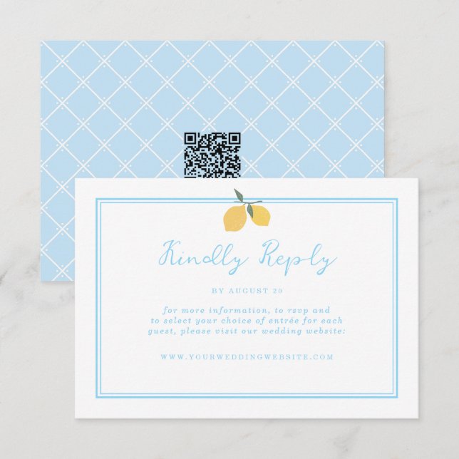 Tarjeta De Recepción Coastal Blue Lemon Amalfi QR Code RSVP  (Anverso / Reverso)