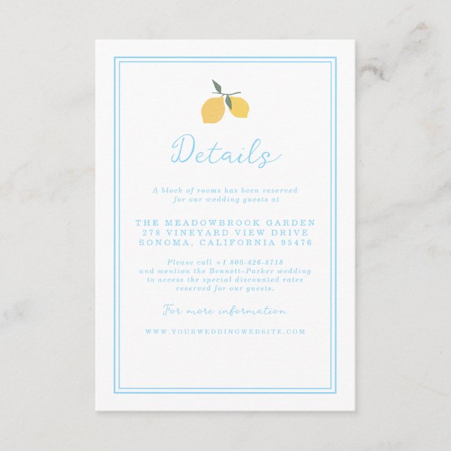 Tarjeta De Recepción Coastal Blue Lemon Amalfi Wedding Details Card (Anverso)