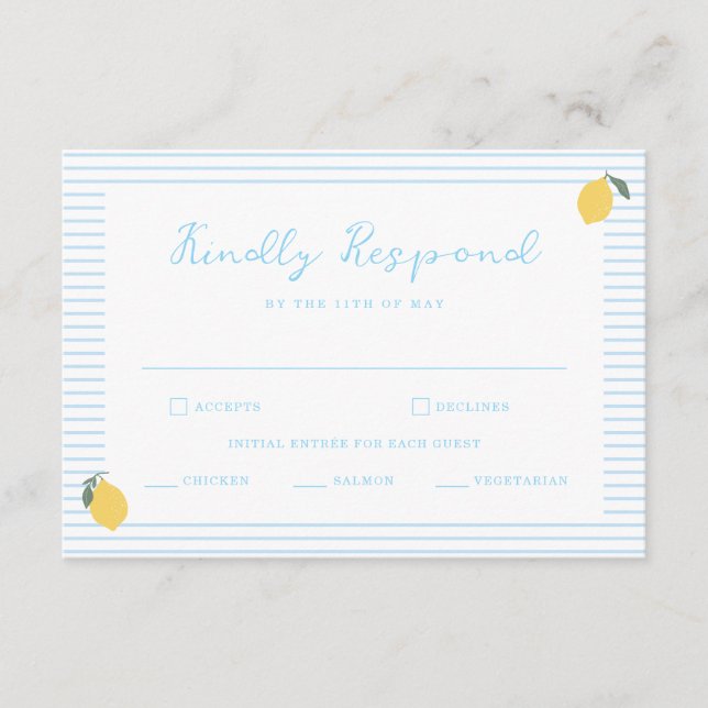 Tarjeta De Recepción Coastal Blue Lemon Amalfi Wedding RSVP Card (Anverso)