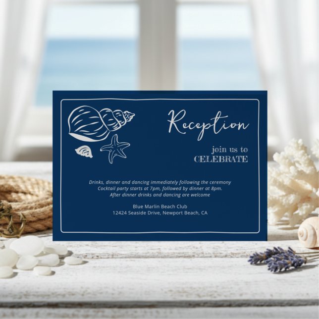 Tarjeta De Recepción Coastal Blues Seashell & Script Wedding Reception  (Subido por el creador)