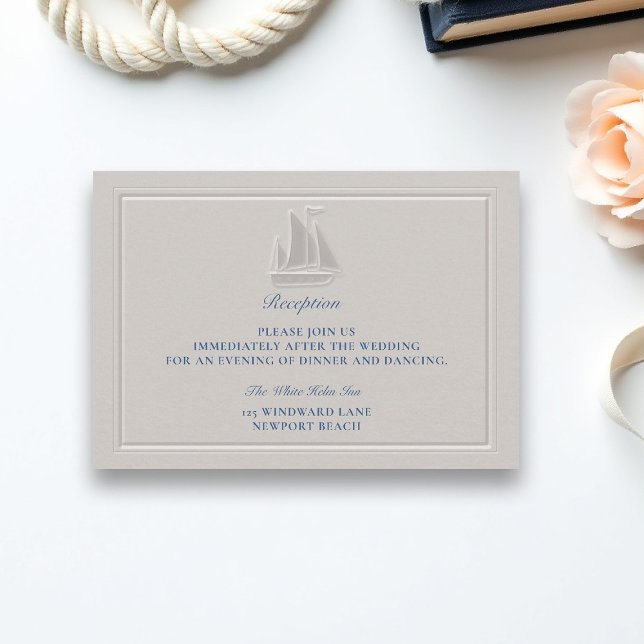 Tarjeta De Recepción Coastal Nautical Boat Formal Wedding Reception (coastal wedding reception card nautical sail boat formal traditional double frame modern classic )