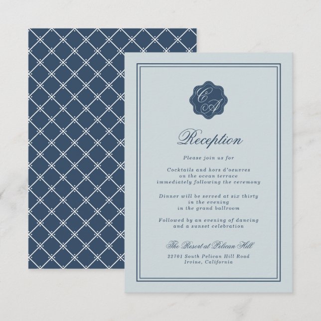 Tarjeta De Recepción Coastal Wedding Dusty Blue Monogram Reception (Anverso / Reverso)