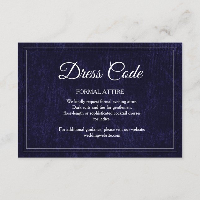 Tarjeta De Recepción Código de Vestido de Boda Azul Marino Clásico Eleg (Anverso)