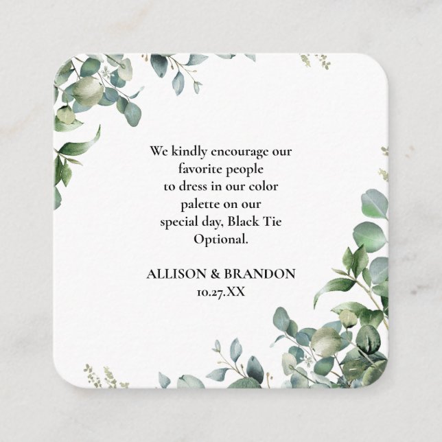 Tarjeta De Recepción Código de vestimenta de Boda Eucalyptus (Anverso)