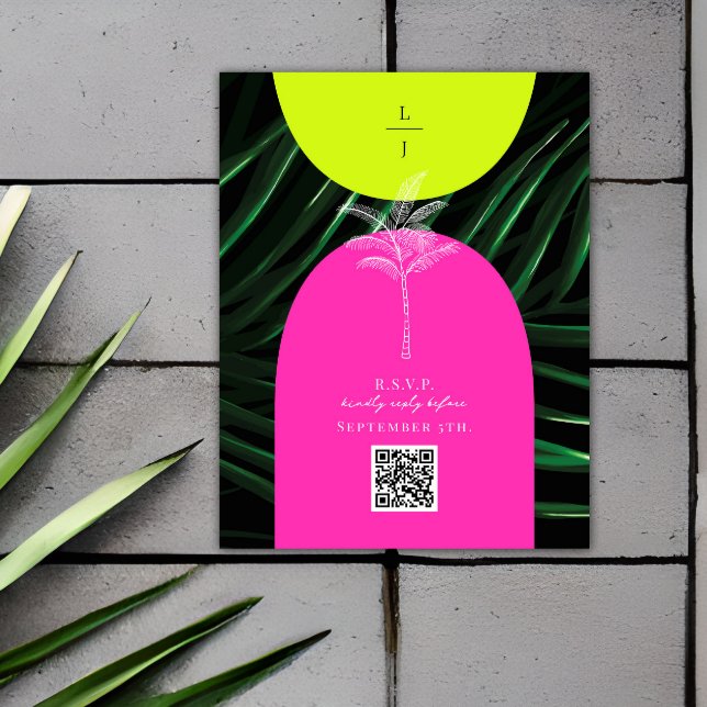 Tarjeta De Recepción Código QR Arcos Neones Monograma Boda Tropical (Subido por el creador)
